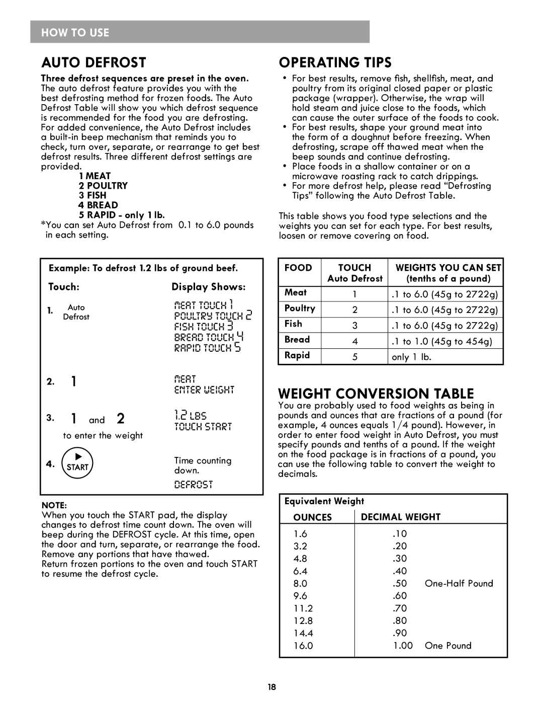 Kenmore 86013, 86019, 721.86012 manual Auto Defrost, Operating Tips, Weight Conversion Table 